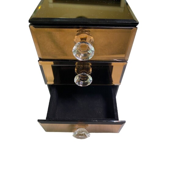 Allure Mirrored Jewelry Box Amber Smoke 3 Compartments Clear Crystal Gem Knobs - Picture 11 of 16